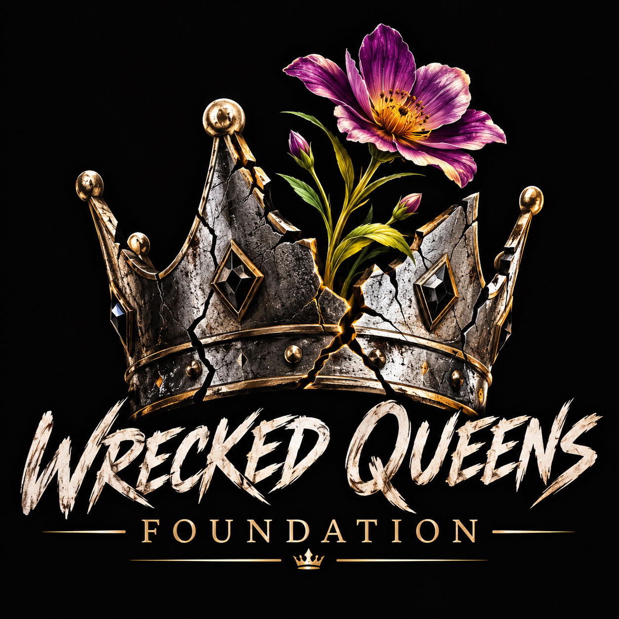 A broken crown with a flowering blooming out of it. Underneath it reads Wrecked Queens Foundation.